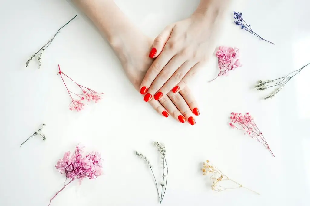 Manicured woman's nails with red nail polish.